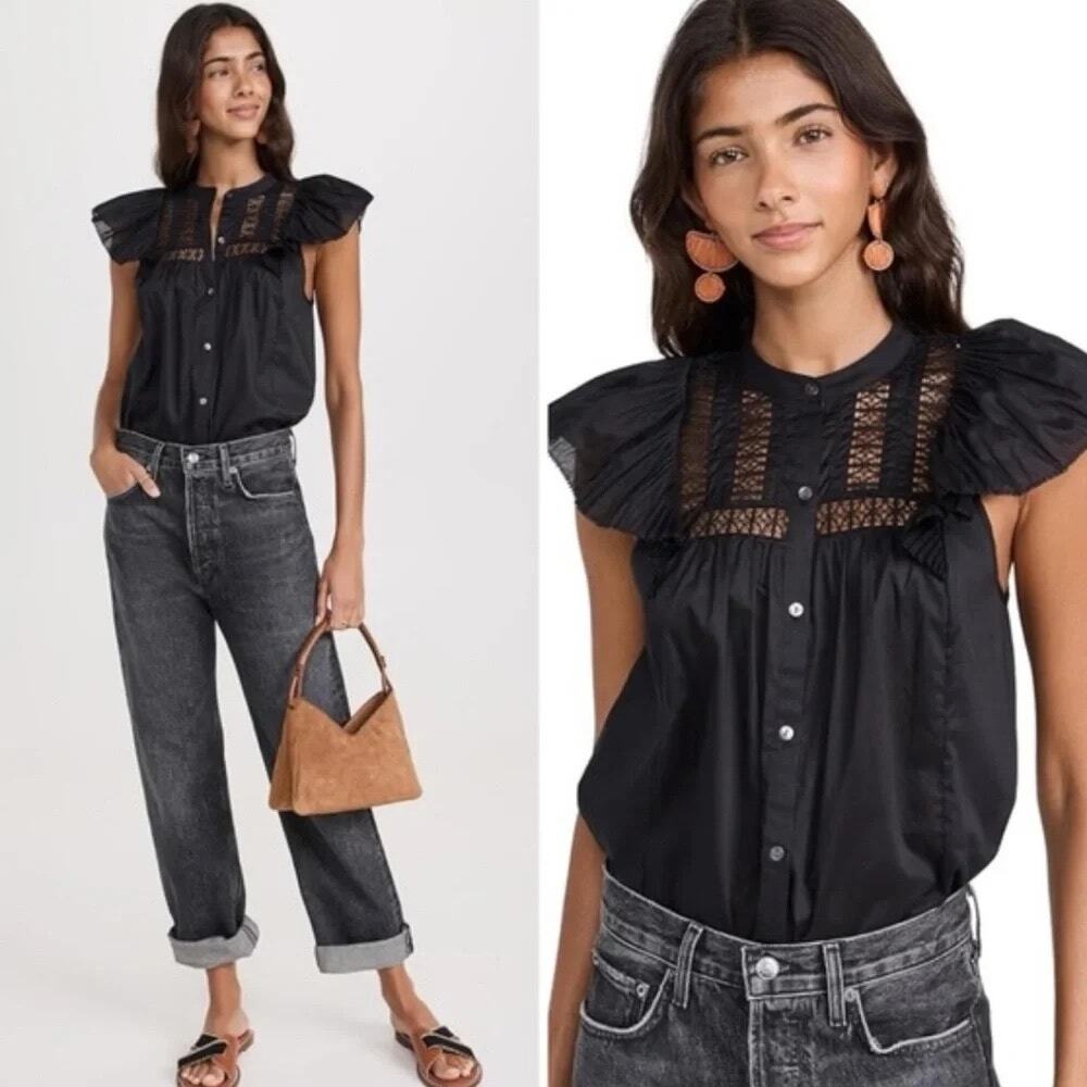 Rails Louella Ruffle Sleeve Blouse Black Medium Cotton Top Lace Button Up Shirt